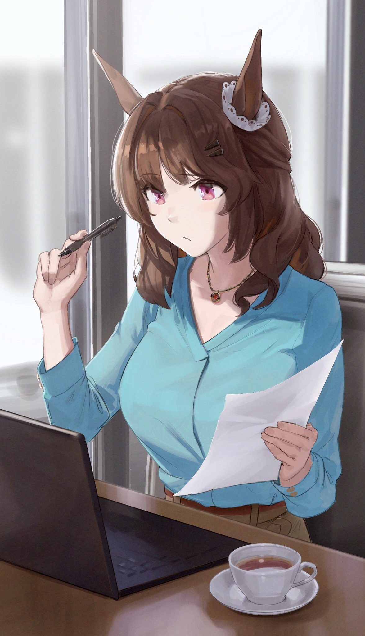 1girl animal_ears belt booth_seating breasts brown_hair brown_skirt closed_mouth computer cup ear_scrunchie had_(had314) hair_ornament hairclip highres holding holding_paper holding_pen horse_ears indoors jewelry laptop large_breasts light_hello_(umamusume) long_hair long_sleeves paper pen pendant red_eyes saucer sitting skirt solo table teacup umamusume window
