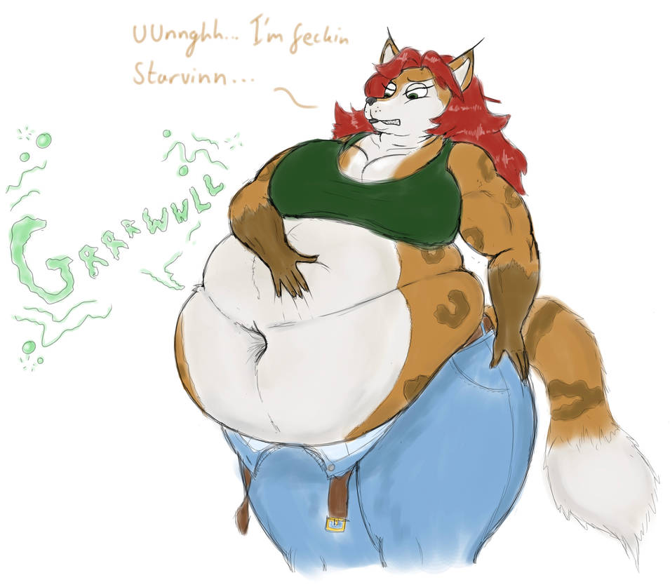 2023 anthro belt bottomwear brown_body brown_fur chubby_female clothing colored deep_navel denim denim_clothing dialogue dipstick_ears dipstick_limbs dipstick_tail ear_tuft felid feline female fur green_clothing green_eyes hair hand_on_hip hand_on_stomach hungry isabelly jeans long_hair lynx lynxuki mammal markings multicolored_ears musclegut muscular muscular_female navel obese obese_female onomatopoeia overweight overweight_female pants red_hair riley_o'shane rumbling_stomach shirt solo sound_effects tail tail_markings tan_body tan_fur tank_top text topwear tuft unbuttoned_pants undone_belt
