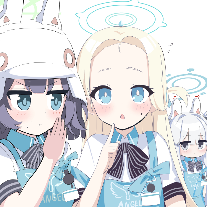 3girls angel's_24_uniform_(blue_archive) apron black_hair blonde_hair blue_apron blue_archive blue_eyes blue_halo collared_shirt forehead halo long_hair miyako_(blue_archive) multiple_girls o_(rakkasei) official_alternate_costume polo_shirt purple_eyes saki_(blue_archive) shirt short_sleeves simple_background sora_(blue_archive) white_background white_hair white_shirt