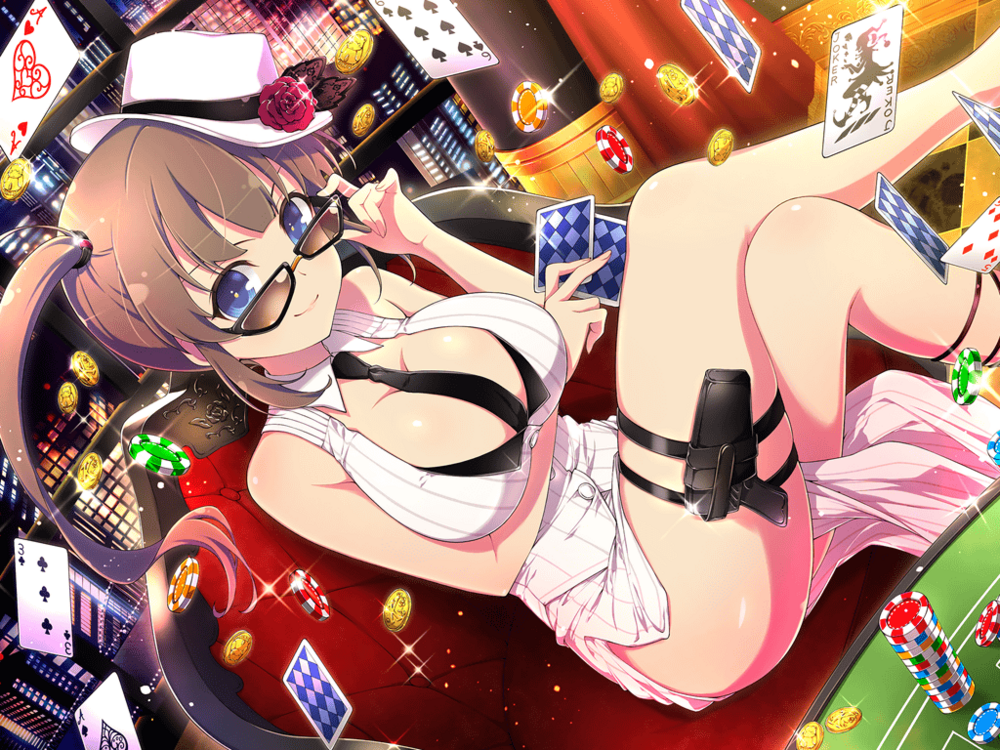 1girl ace_of_hearts adjusting_eyewear blue_eyes breasts brown_hair building card casino casino_card_table chair city_lights cityscape cleavage coin diamond_(shape) flower gold_coin gun hat heart holster joker_(card) large_breasts looking_at_viewer minori_(senran_kagura) necktie pinstripe_pattern pinstripe_shirt pinstripe_skirt playing_card poker poker_chip poker_table red_flower red_rose ring_hair_ornament rose senran_kagura senran_kagura_new_link senran_kagura_shinovi_versus shirt skyscraper smile solo spade_(shape) striped sunglasses table thigh_holster thigh_strap twintails weapon white_headwear white_shirt window yaegashi_nan