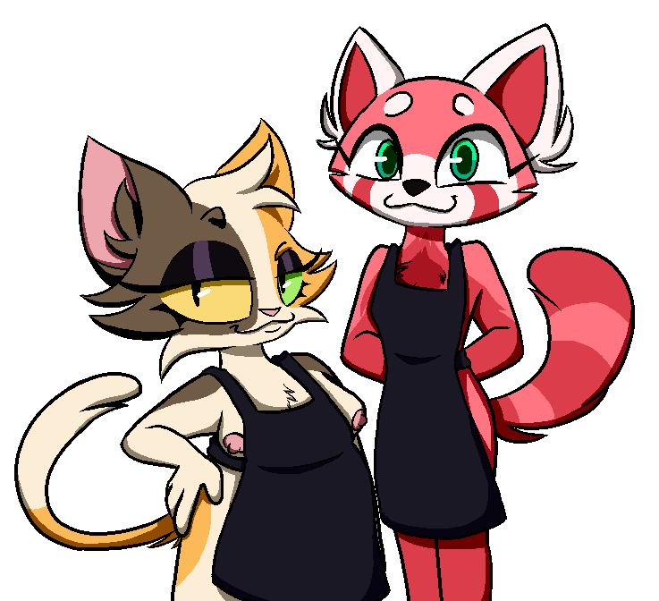 ailurid anthro apron apron_only body_hair breasts chest_hair clothing domestic_cat duo exposed_breasts eyeshadow felid feline felis female female/female makeup mammal mostly_nude nipple_slip nipples red_panda roomwithavoid waiter