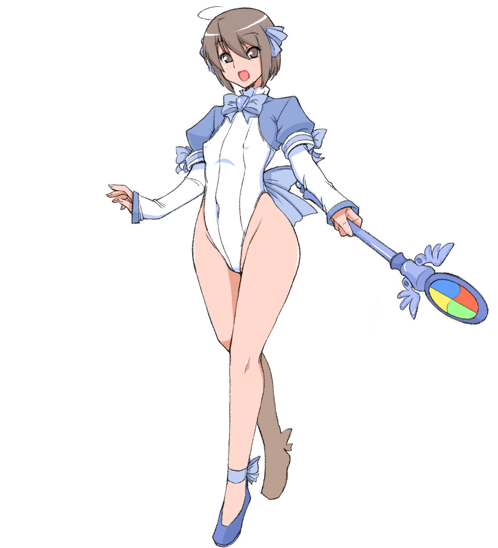 1girl :d ahoge ankle_ribbon ballet_slippers blue_bow blue_bowtie blue_ribbon blue_shirt bob_cut bow bowtie breasts brown_eyes brown_hair commentary covered_navel covered_nipples full_body groin hair_between_eyes hair_ribbon highleg highleg_leotard holding holding_staff leg_ribbon leotard long_bangs long_sleeves looking_at_viewer madobe_yuu magical_girl microsoft_windows open_mouth os-tan personification puffy_short_sleeves puffy_sleeves purple_footwear ribbon ruriwo_(ruriwo1894) shirt short_hair short_sleeves shrug_(clothing) simple_background small_breasts smile solo staff walking white_background white_leotard windows_8 windows_logo winged_wand