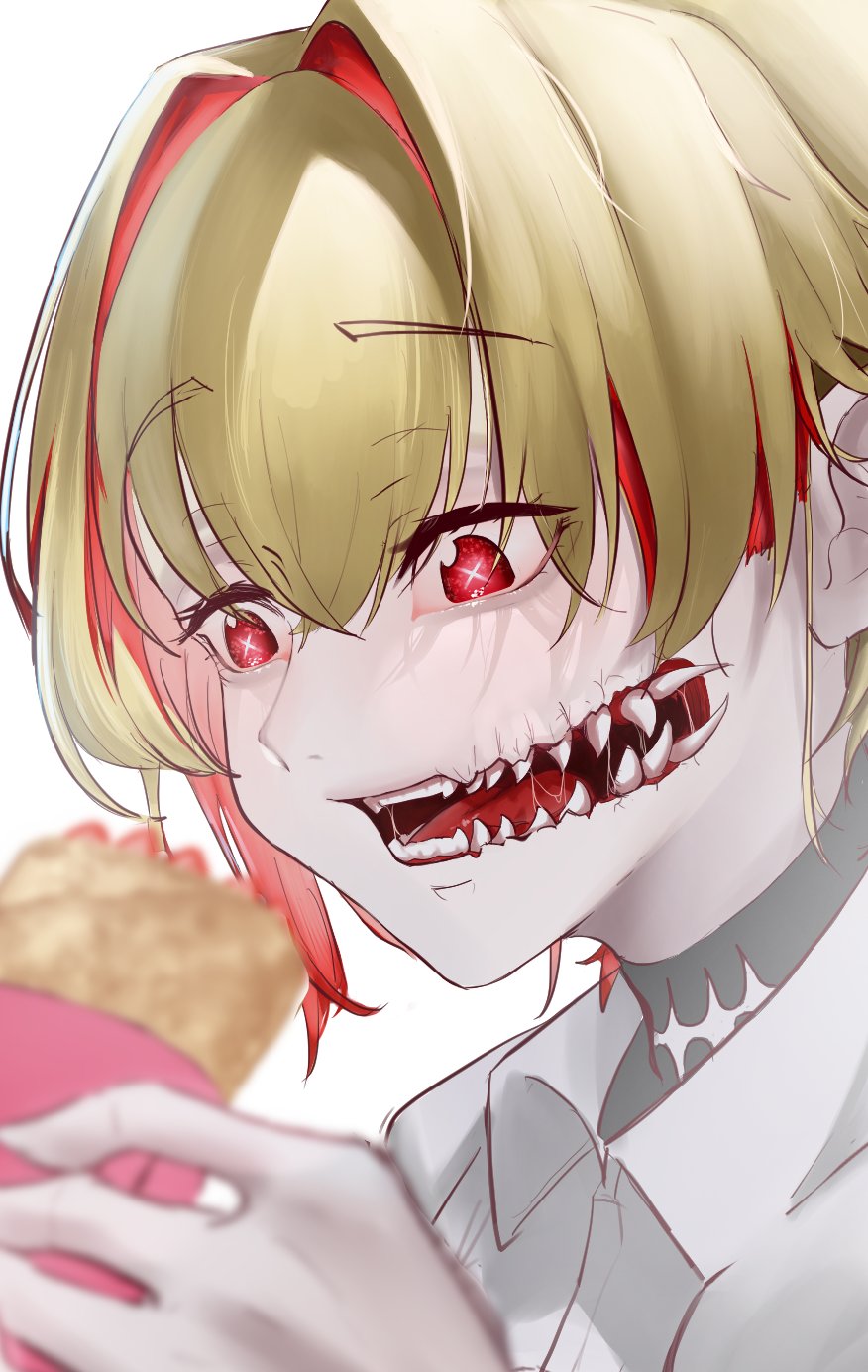 1girl blonde_hair bright_pupils collared_shirt colored_sclera crepe crossed_bangs curtained_hair food from_side glasgow_smile highres holding holding_food looking_at_food monster_girl multicolored_hair open_mouth original red_eyes red_hair red_sclera saliva scar scar_on_neck sharp_teeth shirt solo streaked_hair teeth transparent_background user_tomuanago white_background white_pupils white_shirt