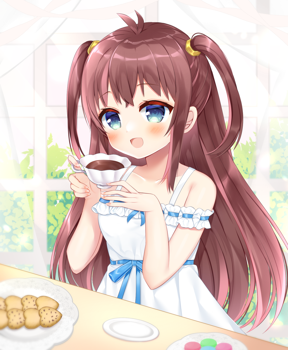 1girl :d antenna_hair blue_eyes blush brown_hair collarbone commission cookie cup curtains dress food hands_up holding holding_cup long_hair looking_at_viewer macaron off-shoulder_dress off_shoulder original plate ribbon-trimmed_dress saucer shikito skeb_commission smile solo transparent two_side_up very_long_hair white_dress window