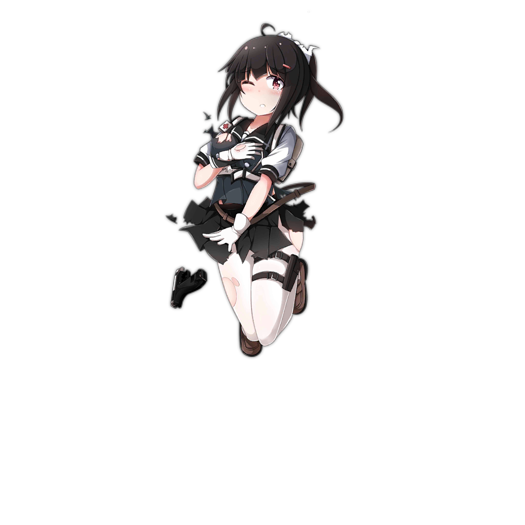 1girl ac130 ahoge backpack bag black_hair black_skirt blue_vest blush breasts brown_footwear covering covering_breasts cross dropping full_body girls'_frontline gloves gsh-18 gsh-18_(girls'_frontline) gun hair_between_eyes hair_ornament hair_ribbon hairclip handgun holster jumping large_breasts loafers looking_at_viewer medium_hair official_art one_eye_closed pantyhose ponytail red_cross red_eyes ribbon shoes short_sleeves sidelocks simple_background skirt solo thigh_holster torn_clothes torn_pantyhose torn_ribbon torn_skirt torn_vest transparent_background vest weapon white_gloves white_pantyhose white_ribbon