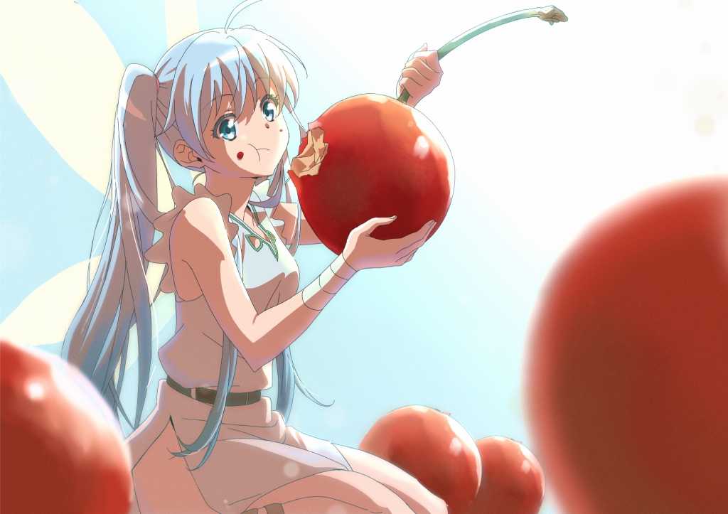 ahoge ankle_cuffs bangs bare_legs bare_shoulders belt benriya_saitou-san_isekai_ni_iku blue_eyes blue_hair blue_sky blurry breasts cherry depth_of_field dress eating fairy fairy_wings food food_on_face frills fruit grey_dress hair_between_eyes holding holding_food kneeling lafanpan lens_flare messy_hair no_nose randorii shadow side_slit size_difference sky small_breasts twintails wings wrist_cuffs