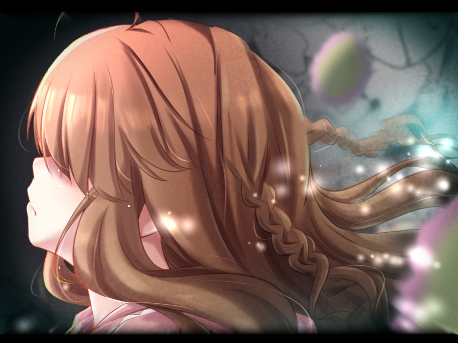 1girl ahoge blurry blurry_background blush braid brown_hair close-up closed_mouth commentary_request covered_eyes crying depth_of_field flower from_side frown hair_between_eyes kanbe_kotori long_hair nose pink_flower profile rewrite sidelocks solo streaming_tears tagame_(tagamecat) tears twin_braids vignetting wavy_hair