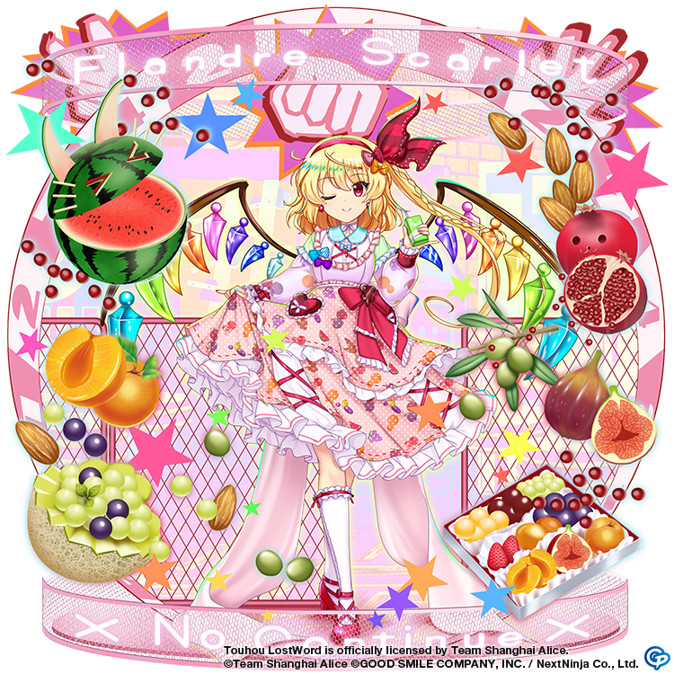 &gt;_&lt; 1girl ;) almond alternate_costume apricot_(fruit) blonde_hair closed_mouth clothes_lift commentary contrapposto copyright_name crystal dress dress_lift earrings english_commentary english_text fig flandre_scarlet flandre_scarlet_(rainbow_fruit_salad) food fruit fruit_print full_body game_cg grapes hairband heart jewelry lifted_by_self looking_at_viewer one_eye_closed one_side_up pink_dress red_footwear red_hairband redesign rotte_(1109) smile socks solo star_(symbol) third-party_source touhou touhou_lost_word watermelon white_socks wings