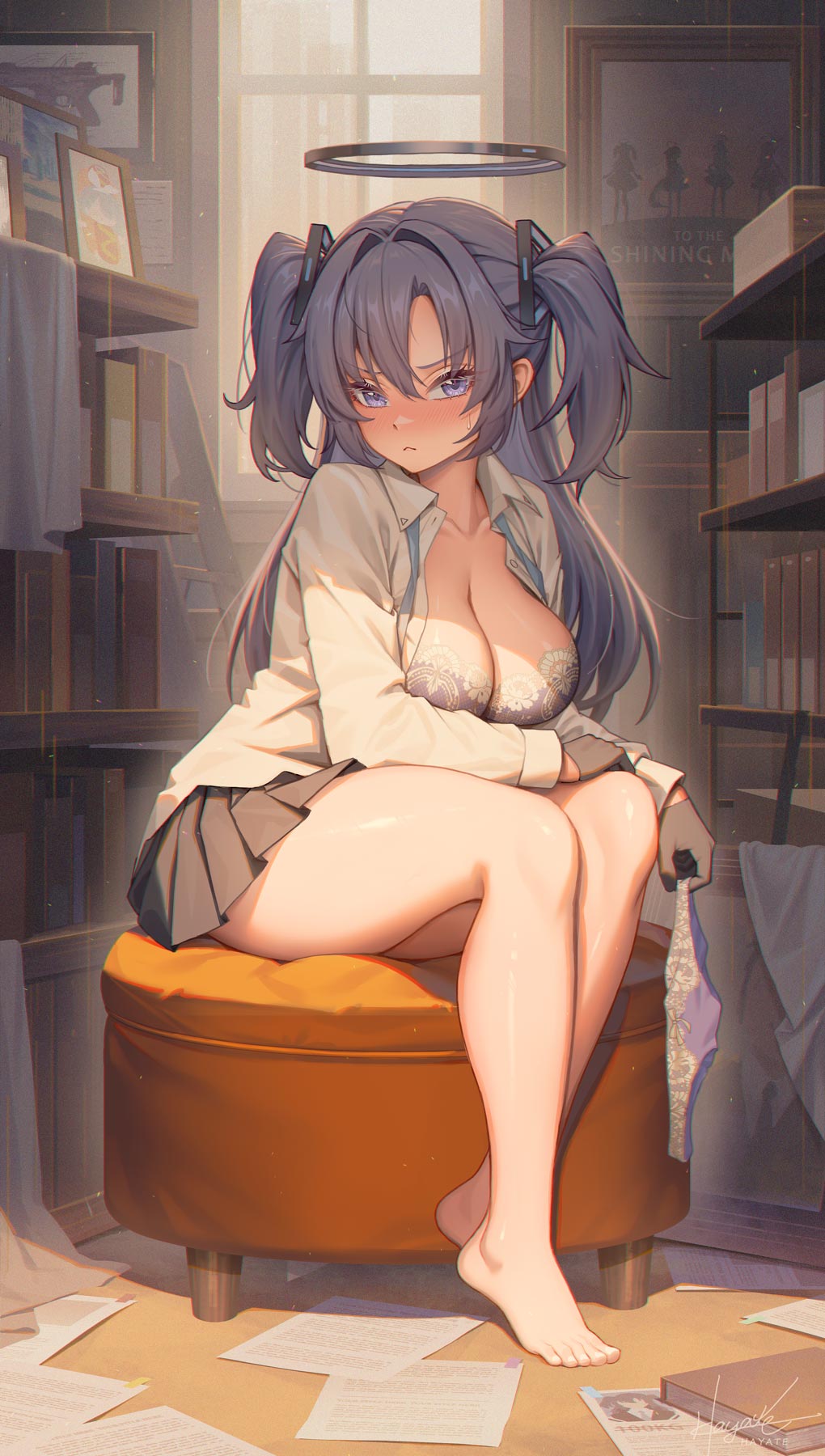 1girl barefoot black_gloves black_skirt blue_archive blue_eyes blue_hair blush breasts cleavage closed_mouth collarbone collared_shirt commentary_request feet full_body gloves hair_intakes halo highres holding holding_clothes holding_panties holding_underwear indoors large_breasts leaf98k long_hair long_sleeves looking_at_viewer panties pleated_skirt purple_panties shirt signature sitting skirt solo thighs toes two_side_up underwear white_shirt yuuka_(blue_archive)