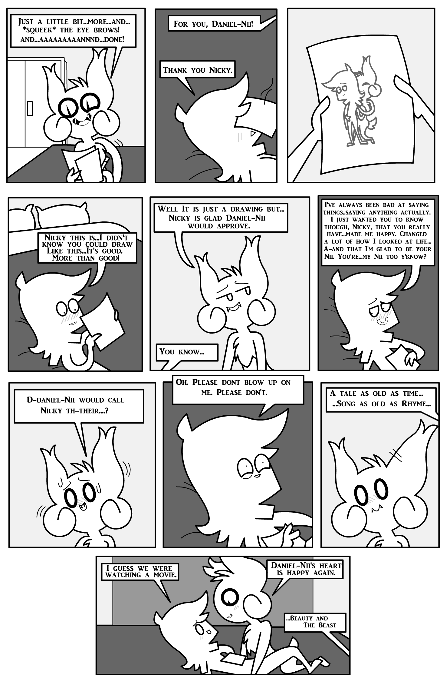all_fours ambiguous_gender anthro bat bed blush blush_lines bodily_fluids border chest_tuft comic daniel_toke dialogue door doorframe duo embrace english_text eyes_closed fangs furniture greyscale happy hi_res holding_object holding_paper holding_pencil hug human iconography looking_at_another looking_away lying male male/ambiguous mammal monochrome motion_lines nicky_(abfmh) obscured_eyes on_back on_bed overbite paper pencil_(object) pillow pupils scut_tail shane_frost short_tail slit_pupils smile sound_effects speech_bubble squeaking standing sweat sweatdrop tail teeth text tuft white_border