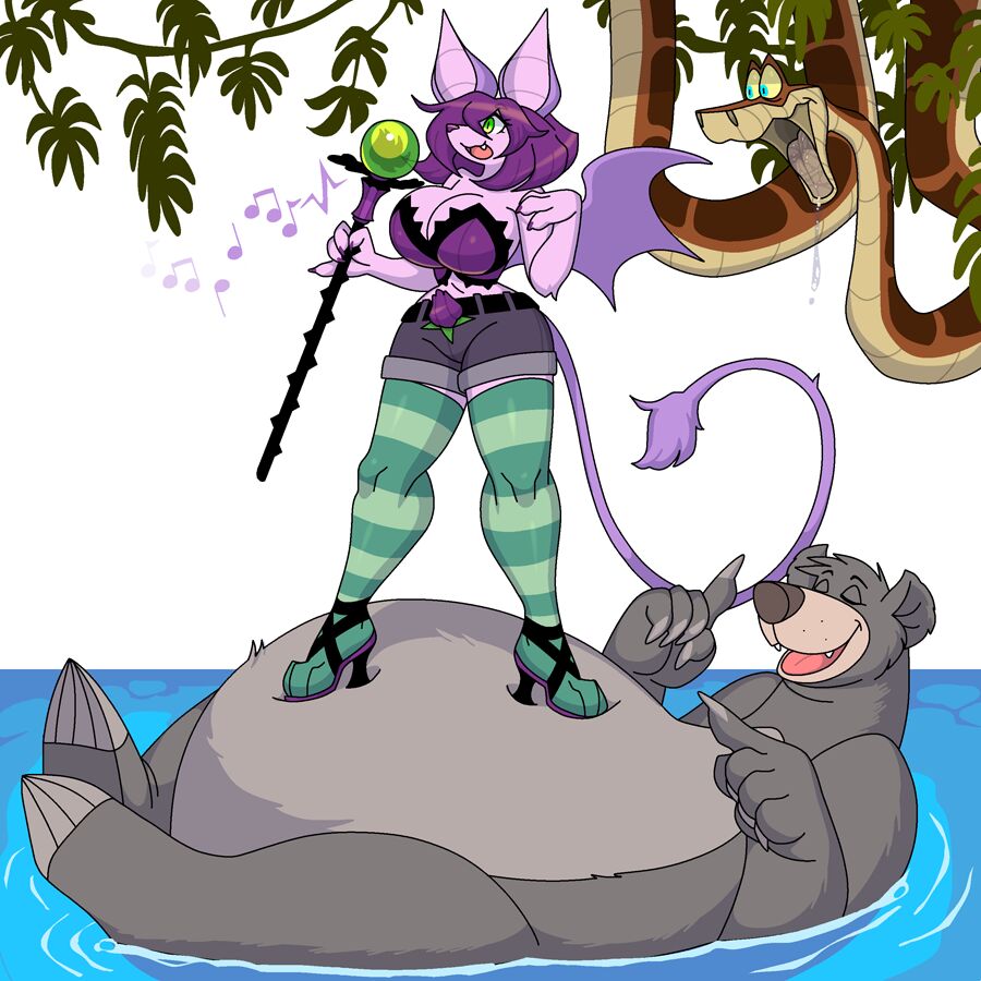anthro baloo bat bat_wings bear belly big_belly big_breasts big_ears bodily_fluids breasts claws cleavage clothed clothed/nude clothed_female_nude_male clothing colored disney drooling eyes_closed fangs female feral floating_on_water fukkusu fur grey_body grey_fur group hair hypnofood kaa_(jungle_book) male mammal membrane_(anatomy) membranous_wings nude open_mouth partially_submerged purple_hair reptile saliva scalie shaded simple_background singing snake staff standing_on_belly tail teeth the_jungle_book trio water white_background wings yellow_sclera