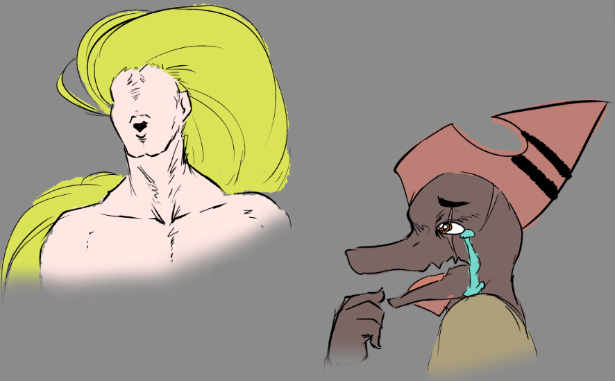 anon_(snoot_game) anthro ather_os blonde_hair bodily_fluids crying dinosaur duo featureless_face hair human humor long_hair male mammal muscular muscular_male open_mouth pterodactylus pterosaur reptile ripley_(snoot_game) scalie scar snoot_game_(fan_game) tears