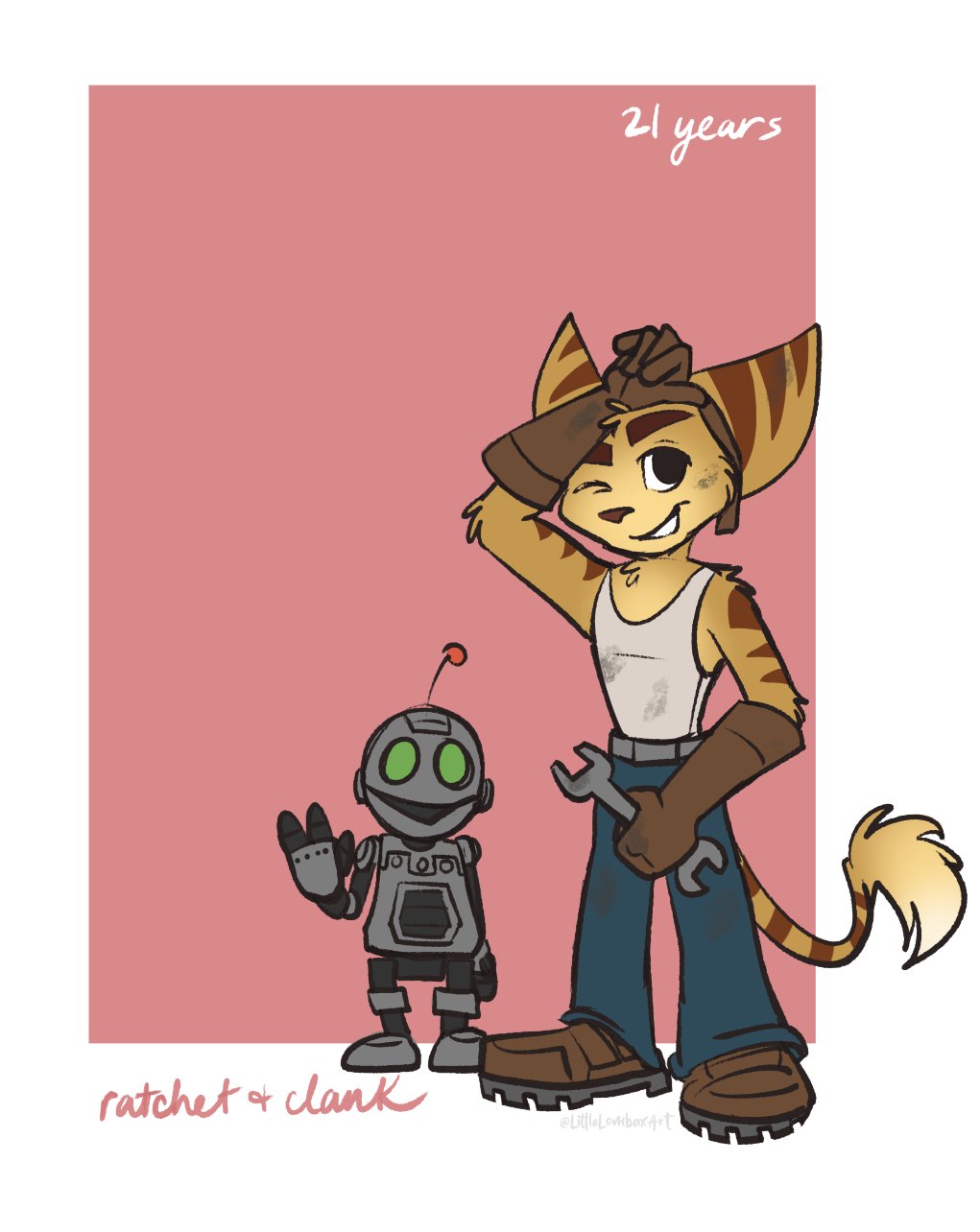 2023 anthro bottomwear brown_stripes chest_tuft clank_(ratchet_and_clank) clothing dirty duo eyebrows footwear fur gloves green_eyes handwear headgear headwear hi_res littlelombaxart lombax looking_at_viewer machine male mammal one_eye_closed pants ratchet ratchet_and_clank robot shirt shoes shoulder_tuft smile sony_corporation sony_interactive_entertainment striped_body striped_fur stripes tail tail_tuft tank_top tools topwear tuft wink wrench yellow_body yellow_fur