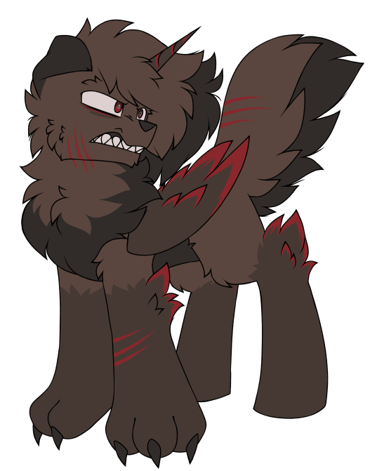 2022 ambiguous_gender angry brown_body brown_fur canid canine canis domestic_dog equid equine feral flann_(pegacousin) fur growling horn hybrid mammal pegacousin red_body red_eyes red_fur scratch_on_face scratch_on_leg scratches snarling solo winged_unicorn wings