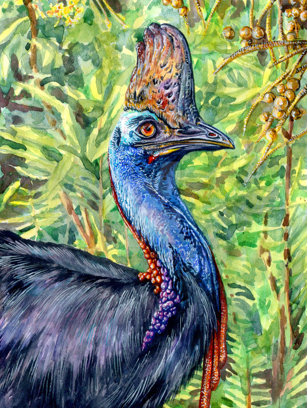 artist_name berry bigredsharks bird blue_skin blurry cassowary closed_mouth colored_skin commentary depth_of_field deviantart_logo deviantart_username english_commentary fern from_side highres looking_at_viewer orange_eyes original outdoors painting_(medium) plant portrait realistic red_eyes traditional_media watercolor_(medium) watermark wattle web_address