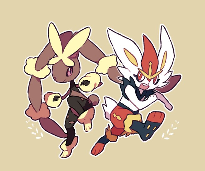 :d black_sclera bright_pupils brown_background cinderace closed_mouth colored_sclera commentary leg_up lopunny mega_lopunny mega_pokemon open_mouth outline oyul_o pink_eyes pokemon pokemon_(creature) red_eyes simple_background smile white_pupils