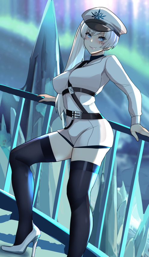 1girl against_railing aurora belt black_belt black_shorts black_thighhighs blue_eyes breasts closed_mouth foot_out_of_frame hat high_heels high_side_ponytail ice iceberg lainart leaning long_hair long_sleeves looking_at_viewer medium_breasts military_hat military_uniform multiple_belts peaked_cap railing revision rwby rwby_ice_queendom scar scar_across_eye scar_on_face shirt short_shorts shorts sky smile snowflake_print solo thighhighs thighs uniform v-shaped_eyebrows very_long_hair weiss_schnee white_hair white_headwear white_shirt