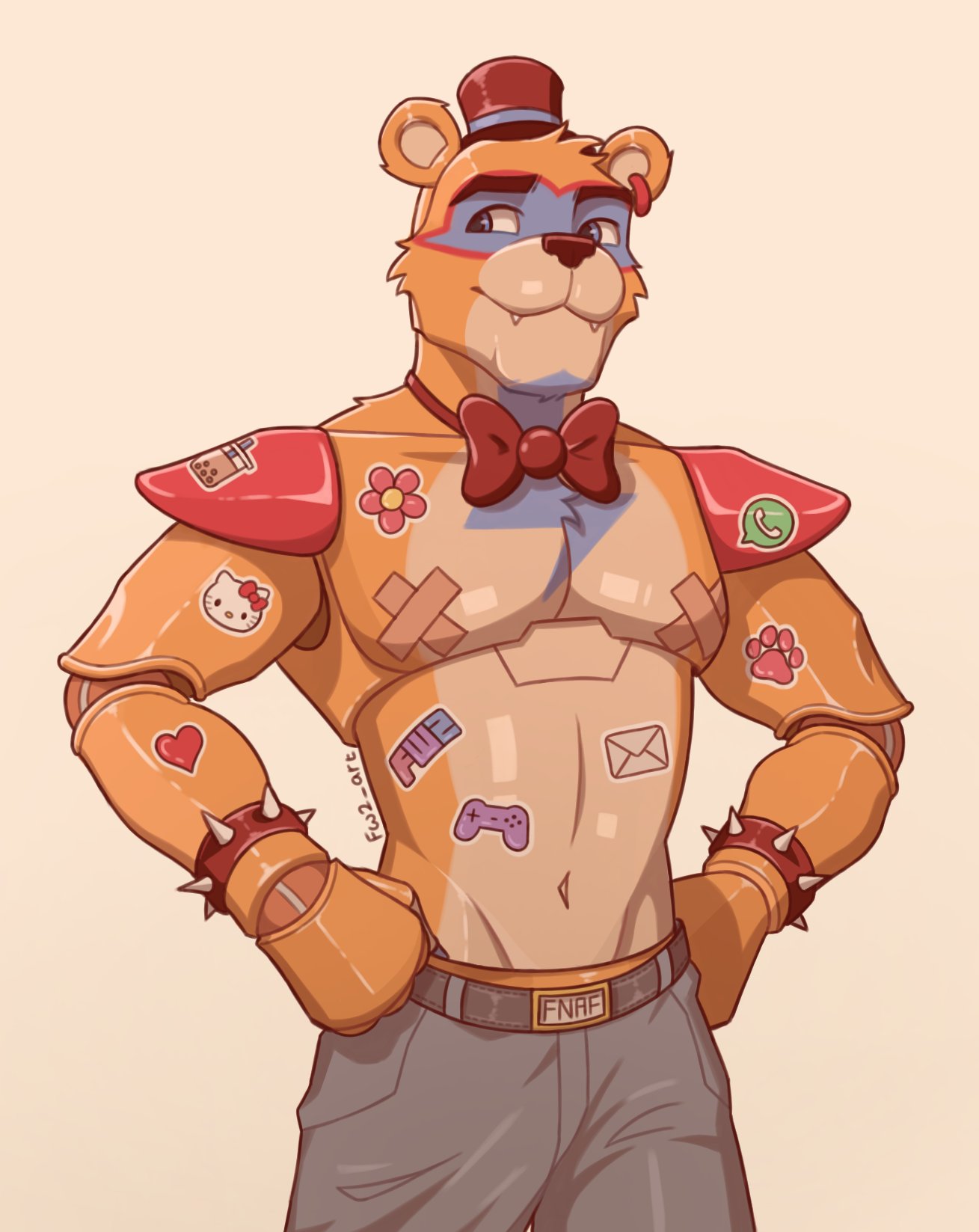 2023 animatronic anthro bear belt bodypaint bottomwear bow_tie bracelet brown_body brown_fur choulmake clothed clothing covered_nipples cute_fangs digital_media_(artwork) ear_piercing ear_ring eyebrows face_paint five_nights_at_freddy's five_nights_at_freddy's:_security_breach fur glamrock_freddy_(fnaf) hat headgear headwear hello_kitty_(character) hello_kitty_(series) hi_res jewelry machine male mammal muscular muscular_anthro muscular_male navel pants pecs piercing pose ring_piercing robot sanrio scottgames simple_background smile solo spiked_bracelet spikes steel_wool_studios stickers tan_background tan_body tan_fur top_hat topless