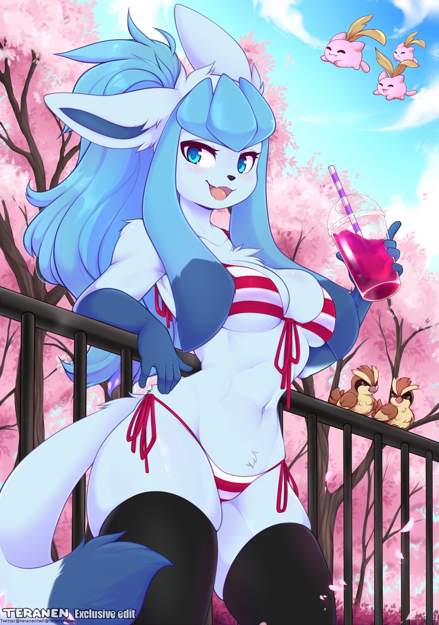 1girl :3 against_railing animal_ears animal_nose artist_name bare_shoulders bikini bird black_thighhighs blue_eyes blue_fur blue_hair blue_sky blush body_fur breasts cherry_blossoms cloud collarbone commentary cowboy_shot cup day disposable_cup drink drinking_straw english_commentary english_text fangs front-tie_bikini_top front-tie_top furry furry_female glaceon hand_up happy highres holding holding_cup holding_drink hoppip light_blush long_hair looking_at_viewer medium_breasts multicolored_hair navel open_mouth outdoors personification petals pidgey pokemon pokemon_(creature) ponytail railing red_bikini side-tie_bikini_bottom sidelocks skin_fangs skindentation sky slushie smile solo_focus standing stomach string_bikini striped striped_bikini swimsuit tail teranen thick_thighs thighhighs thighs tongue tree twitter_username two-tone_fur two-tone_hair underboob watermark