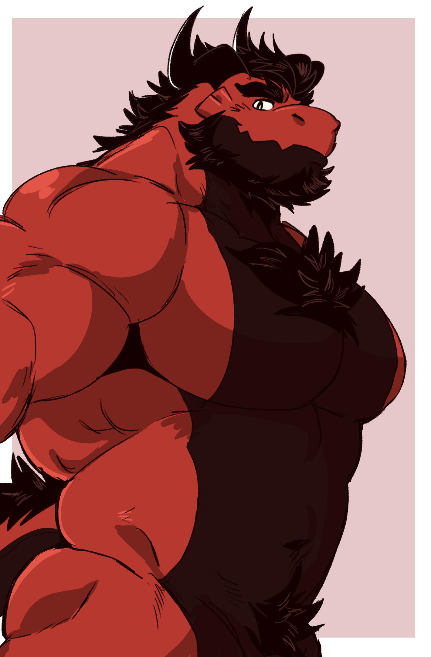 2019 2_horns beard biceps black_body black_hair black_horn black_scales border clothed clothing deltoids dragon facial_hair hair hi_res horn jugger_(character) juggermelon looking_at_viewer male multicolored_body multicolored_scales musclegut muscular_thighs navel obliques pecs pink_background pubes red_body red_scales scales scalie side_view simple_background solo tail_mane topless two_tone_body two_tone_scales white_border