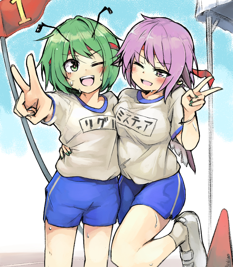 2girls animal_ears antennae bad_anatomy bad_leg bad_perspective bird_ears bird_wings blue_shorts blush earrings fingernails ginnkei green_eyes green_hair green_nails gym_shirt gym_shorts jewelry multiple_girls mystia_lorelei nail_polish name_tag one_eye_closed open_mouth outdoors pink_eyes pink_hair shirt shoes short_hair short_sleeves shorts single_earring smile socks touhou v white_footwear white_shirt white_socks white_wings wings wriggle_nightbug