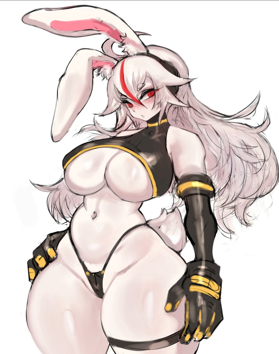 anthro blush breasts clothed clothing female fur girlsay hair lagomorph leporid mammal rabbit red_eyes simple_background solo white_body white_fur white_hair