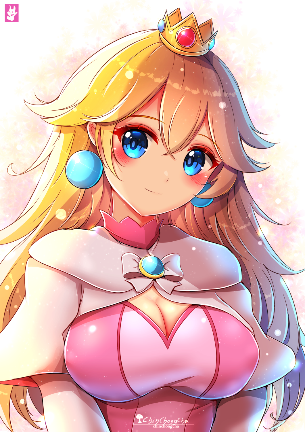 1girl alternate_costume blonde_hair blue_brooch blue_eyes brooch capelet chinchongcha crown dress earrings eyebrows_hidden_by_hair gloves highres jewelry long_hair mario_(series) pink_dress princess_peach smile solo upper_body white_gloves