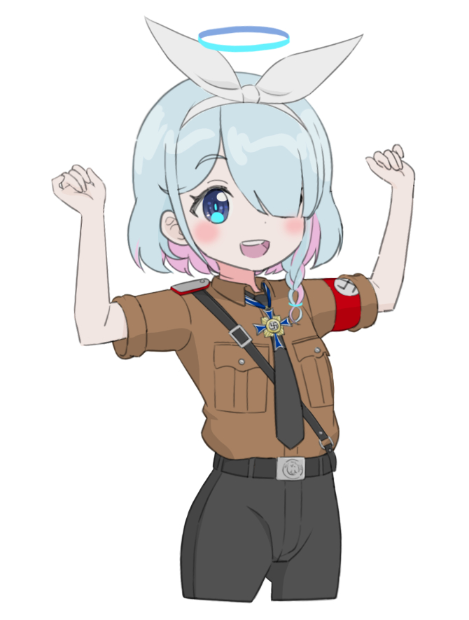 1girl :d alternate_costume armband arona_(blue_archive) black_cat03 black_necktie black_pants blue_archive blue_eyes blue_hair blue_halo braid brown_shirt collared_shirt hairband halo hands_up nazi necktie open_mouth pants red_armband shirt shirt_tucked_in short_hair simple_background smile solo swastika white_background white_hairband