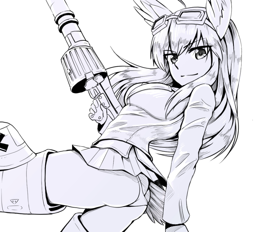 1girl ass bird_tail breasts butt_crack closed_mouth greyscale gun hanna-justina_marseille liar_lawyer long_hair looking_at_viewer medium_breasts military_uniform monochrome panties rifle simple_background smile solo strike_witches striker_unit tail underwear uniform weapon wing_ears world_witches_series