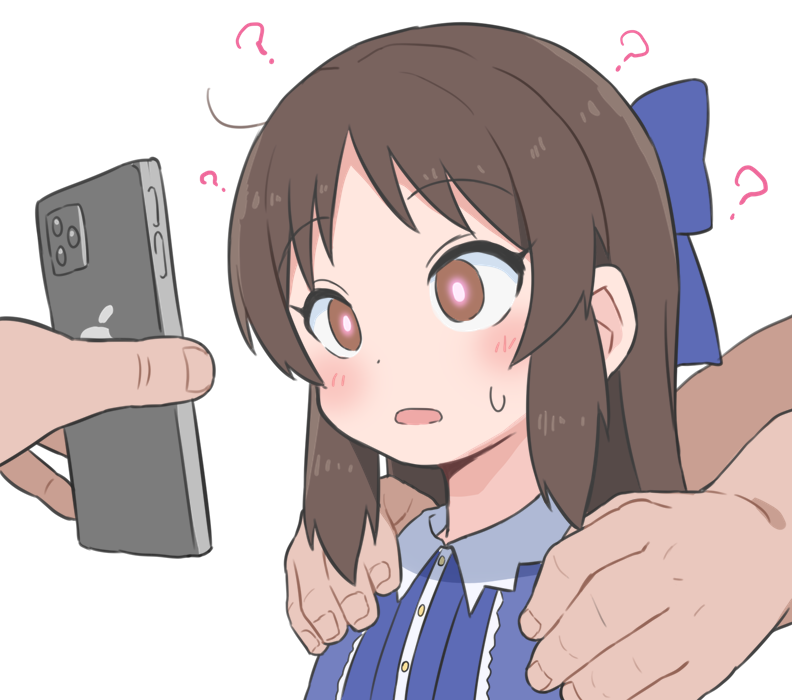 1girl 2girls ? blue_bow blue_dress blush bow brown_eyes brown_hair bubukka buttons cellphone collar dress empty_eyes hair_bow hands_on_another's_shoulders holding holding_phone hypnosis idolmaster idolmaster_cinderella_girls long_hair looking_at_another mind_control multiple_girls parted_lips phone sidelocks smartphone sweat tachibana_arisu upper_body white_background white_collar