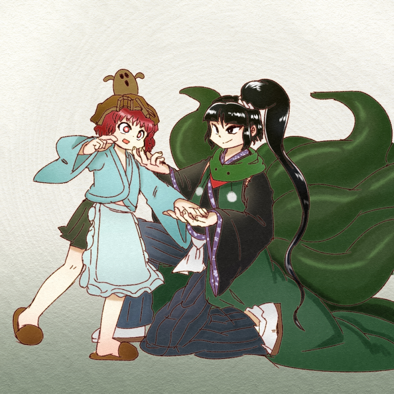 2others adagumo_no_yaorochi androgynous apron black_eyes black_hair black_kimono blue_kimono blue_pants brown_footwear brown_headwear chikafumikou closed_mouth coat commentary detached_sleeves fingernails frilled_apron frills gradient_background green_background green_coat green_scarf green_skirt hakama hakama_short_skirt hakama_skirt hand_on_another's_chin haniwa_(statue) helmet holding_hands japanese_clothes katano_sukune kimono len'en long_hair long_sleeves looking_at_another multiple_others multiple_tails neckerchief object_on_head on_one_knee open_mouth pants pom_pom_(clothes) purple_trim red_eyes red_hair red_neckerchief sandals scarf short_hair side_ponytail skirt sleeveless_coat slippers smile snake_tail socks tail v-shaped_eyes very_long_hair waist_apron white_apron white_socks wide_sleeves