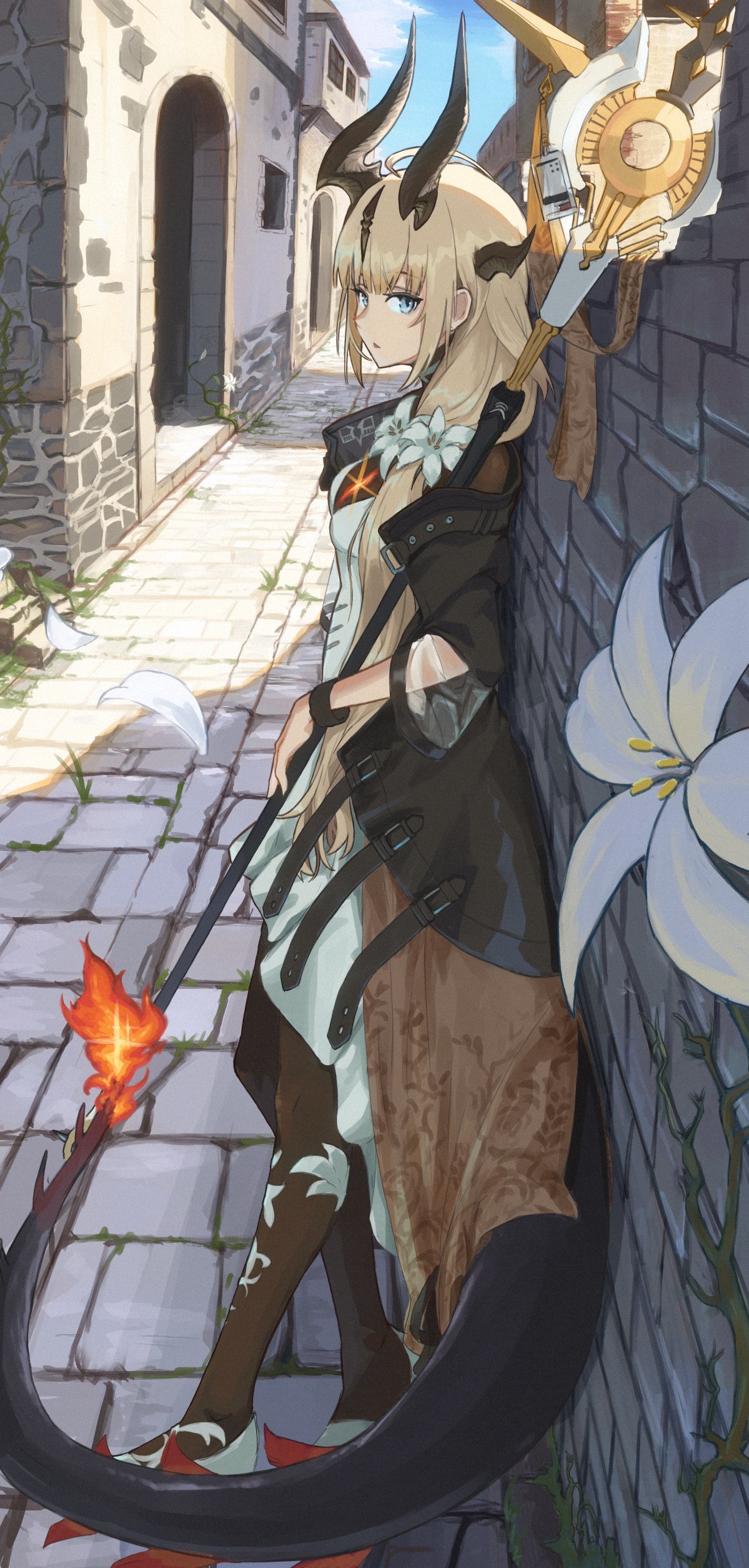 1girl absurdres arknights blonde_hair blue_eyes blue_sky dragon_girl dragon_horns dragon_tail dress fiery_tail flame-tipped_tail flower from_side full_body highres holding holding_staff horns izumo_(ton_63) light_in_heart long_hair long_sleeves looking_at_viewer outdoors pavement reed_(arknights) reed_the_flame_shadow_(arknights) sky solo staff stone_wall tail town wall white_dress white_flower
