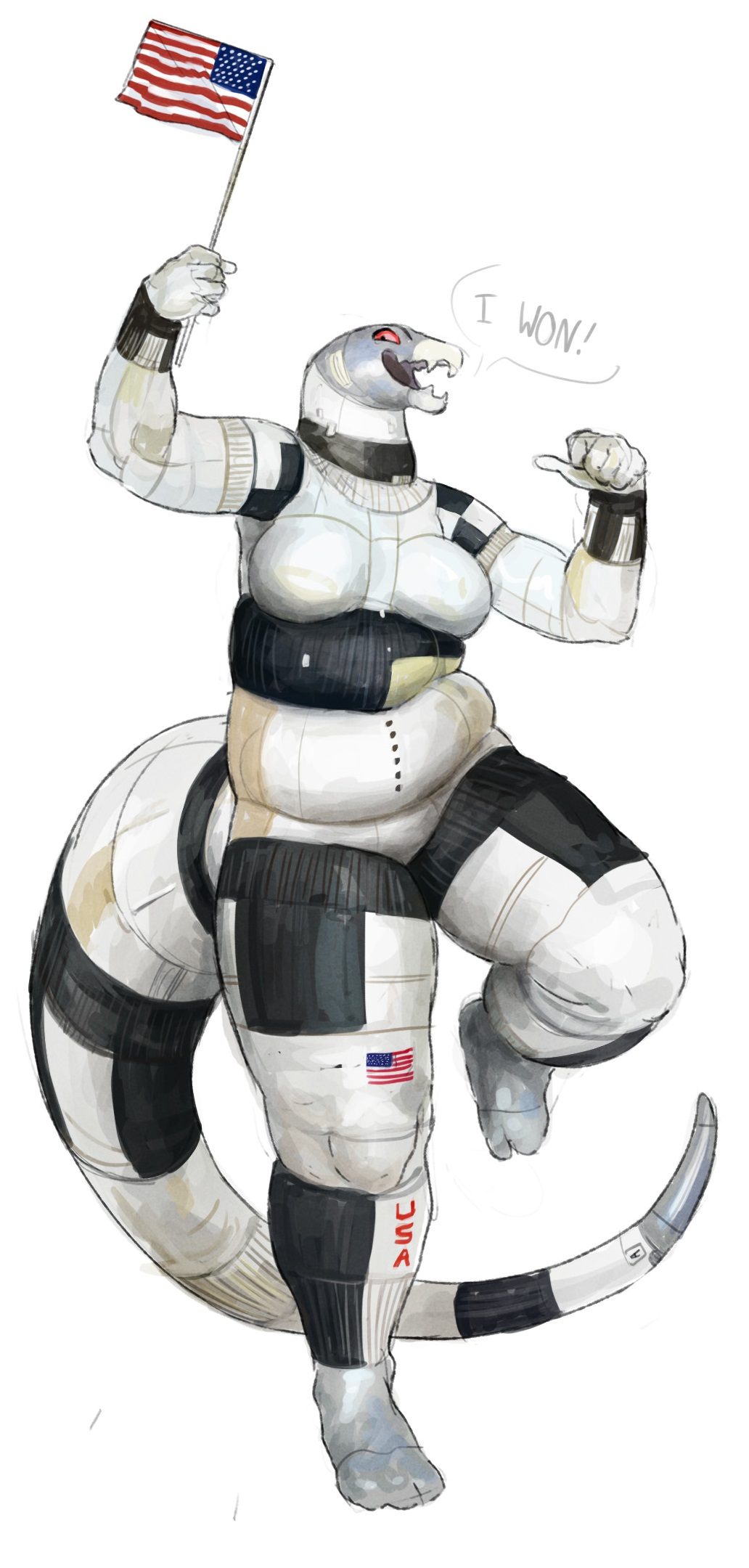 2022 aircraft anthro black_body black_skin breasts cettus dialogue english_text featureless_breasts featureless_crotch female flag_(object) gesture hand_gesture hi_res holding_object hopping living_aircraft living_machine living_vehicle machine nasa on_one_leg open_mouth red_eyes saturn_v simple_background slightly_chubby slightly_chubby_anthro slightly_chubby_female smile solo speech_bubble standing stars_and_stripes tail text united_states_of_america vehicle white_background white_body white_skin