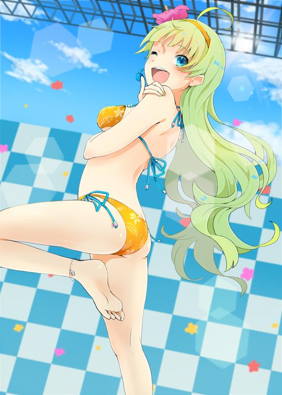 1girl ahoge anklet aqua_eyes aqua_ribbon bare_back bikini blue_sky breasts checkered_wall cloud commentary_request confetti day floral_print flower foot_out_of_frame from_side green_hair hair_flower hair_ornament hairband hand_on_own_shoulder hibiscus idolmaster idolmaster_million_live! jewelry leg_up long_hair looking_at_viewer one_eye_closed open_mouth outdoors pink_flower ribbon shimabara_elena sky small_breasts smile solo stage sun sunlight swimsuit teeth upper_teeth_only wavy_hair witoi_(roa) yellow_bikini yellow_hairband