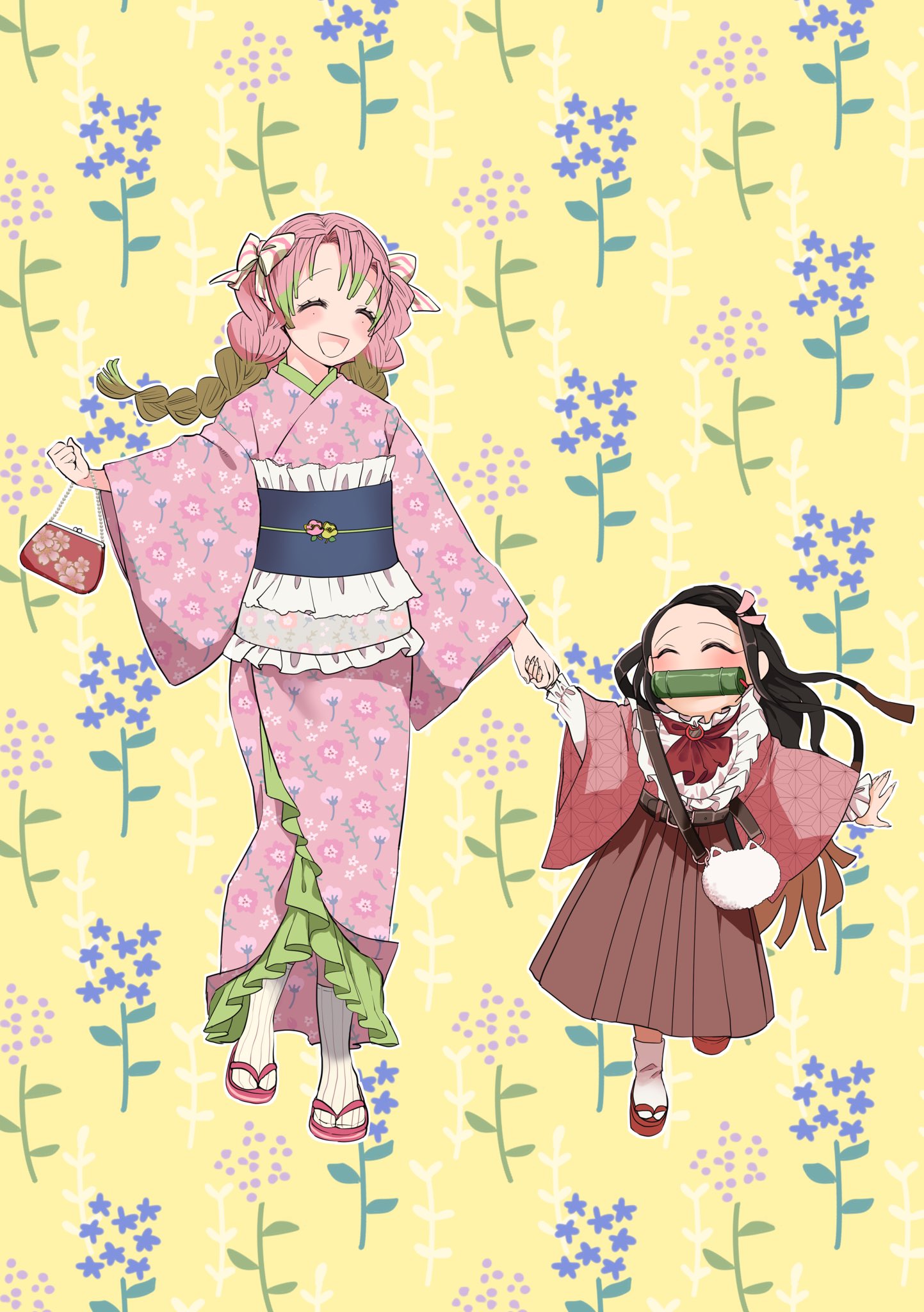 2girls alternate_costume bamboo bit_gag black_hair blush braid brown_hair gag gradient_hair green_hair hair_ribbon highres holding_hands japanese_clothes kamado_nezuko kanroji_mitsuri kimetsu_no_yaiba kimono long_hair long_skirt long_sleeves mole mole_under_eye multicolored_hair multiple_girls open_mouth open_smile opi_721 pink_hair pink_kimono pink_ribbon ribbed_socks ribbon skirt smile socks twin_braids very_long_hair white_socks wide_sleeves