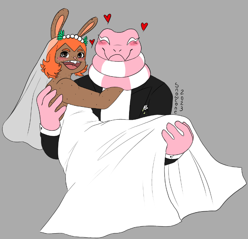 anthro black_tie_(suit) buckteeth carrying clothing dress duo female freckles hair humanoid jack_smith lagomorph lake_smith leporid male male/female mammal married_couple pink_body rabbit reptile scalie short_hair snake suit teeth wedding_dress