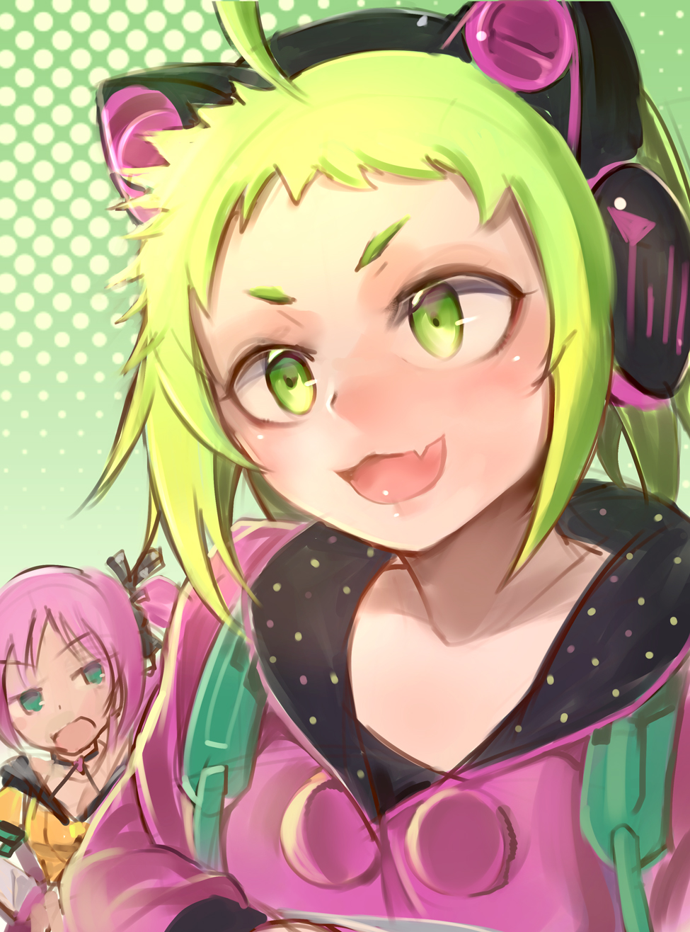 2girls ahoge animal_ear_headphones animal_ears antenna_(dohna_dohna) backpack bag blue_eyes blush coat dohna_dohna_issho_ni_warui_koto_o_shiyou dotted_background fake_animal_ears fang green_eyes headphones highres kirakira_(dohna_dohna) long_sleeves multiple_girls open_mouth pink_coat pink_hair shirt short_hair skin_fang solo_focus tomoichi twintails yellow_shirt