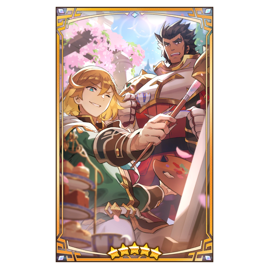 2boys armor bara blonde_hair blue_sky breastplate brown_eyes brown_hair cup dragalia_lost easel emile_(dragalia_lost) flower food green_eyes holding holding_cup holding_paintbrush holding_palette holding_plate long_sideburns looking_at_object male_focus misossu multiple_boys official_art one_eye_closed open_mouth paint paintbrush painting_(action) painting_(medium) palette_(object) pastry plate sideburns sky smile star_(symbol) sun sun_glare teacup tiered_tray traditional_media tree valyx_(dragalia_lost)