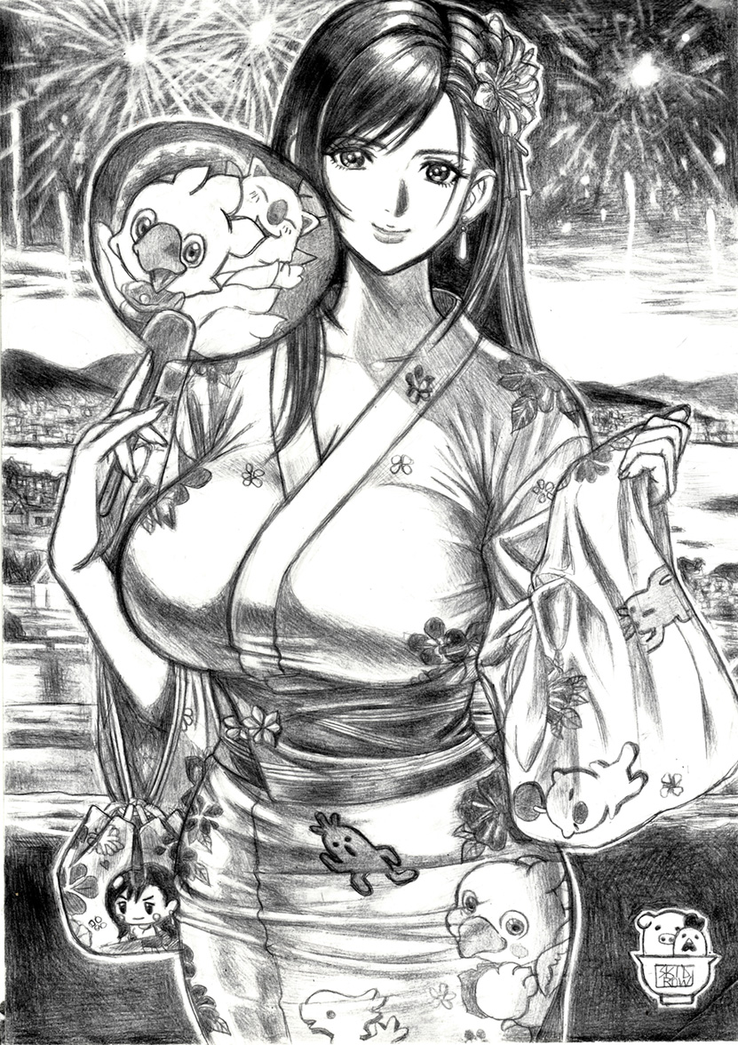 1girl alternate_costume black_hair breasts chocobo closed_mouth collarbone commentary cowboy_shot earrings final_fantasy final_fantasy_vii fireworks floral_print flower graphite_(medium) greyscale hair_behind_ear hair_flower hair_ornament hand_fan hands_up holding holding_fan japanese_clothes jewelry kimono large_breasts long_hair long_sleeves looking_at_viewer monochrome moogle mountainous_horizon outdoors print_kimono sabotender sash single_earring single_sidelock skidrow smile solo summer summer_festival swept_bangs teardrop_earring tifa_lockhart traditional_media wide_sleeves yukata