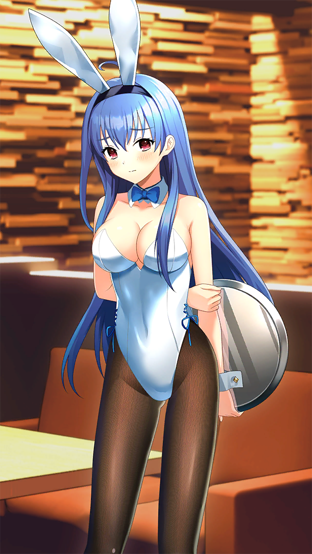 1girl ahoge animal_ears arms_behind_back bare_arms black_pantyhose blue_bow blue_bowtie blue_hair blue_hairband blue_ribbon blurry blurry_background blush bow bowtie breasts cleavage closed_mouth collarbone covered_navel detached_collar doukyuusei_another_world fake_animal_ears game_cg hair_between_eyes hairband highleg highleg_leotard holding holding_plate indoors kakyuusei_2 leotard long_hair medium_breasts pantyhose plate playboy_bunny rabbit_ears red_eyes ribbon solo standing strapless strapless_leotard takatoo_nanase very_long_hair white_leotard wrist_cuffs