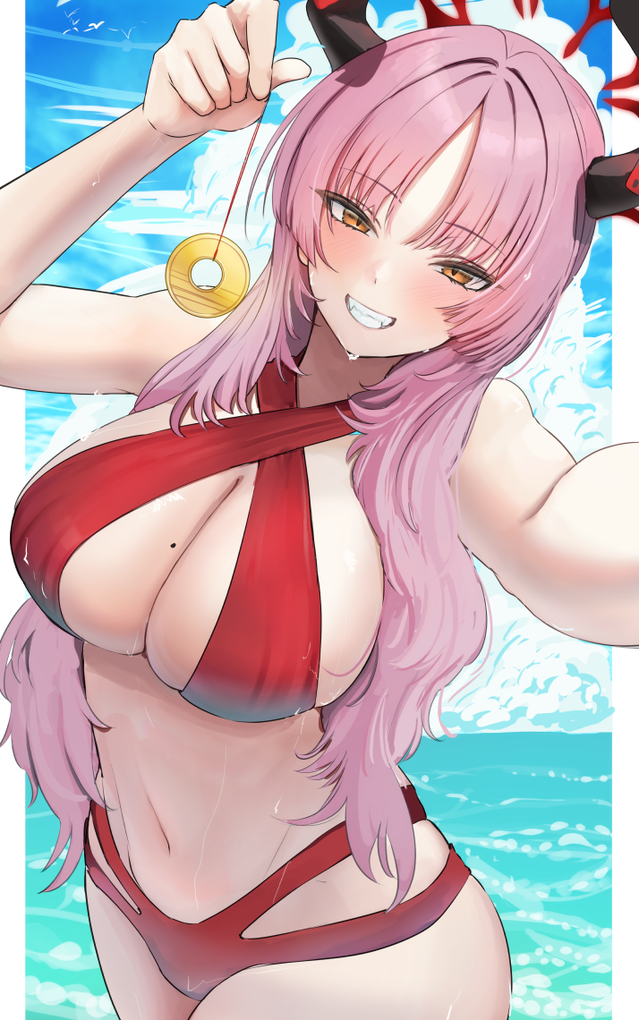 1girl beach bikini blue_archive blush border breasts cafenami criss-cross_halter day demon_horns grin halo halterneck horns hypnosis large_breasts long_hair looking_at_viewer mind_control mole mole_on_breast navel outdoors outside_border pendulum pink_hair red_bikini red_eyes red_halo satsuki_(blue_archive) smile solo swimsuit wet white_border