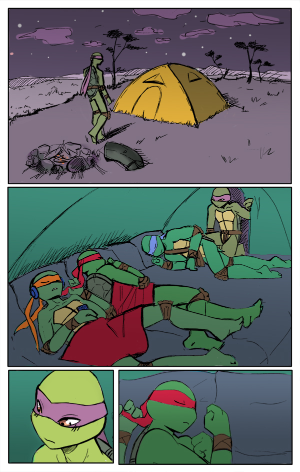 bandanna brother_(lore) brothers_(lore) camping_tent comic donatello_(tmnt) eyes_closed group headphones kerchief leonardo_(tmnt) male michelangelo_(tmnt) momorawrr raphael_(tmnt) reptile scalie sibling_(lore) sleeping teenage_mutant_ninja_turtles turtle