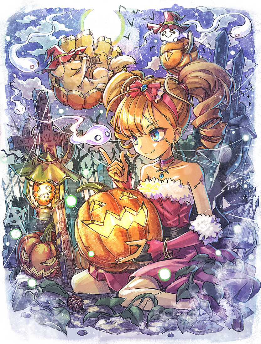 1girl animal bridal_gauntlets broom castle dress drill_hair food frankenstein's_monster ghost halloween happy_halloween hat jack-o'-lantern lantern mamoru_mikokoro moon original pinecone plant pumpkin sitting smile tombstone twin_drills twintails vines wariza witch witch_hat