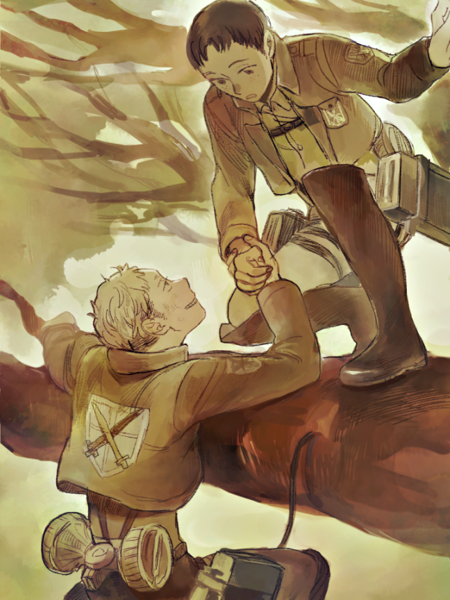 2boys boots branch brown_theme cropped_jacket eye_contact holding_hands jean_kirchstein knee_boots looking_at_another male_focus marco_bodt multiple_boys musikolis paradis_military_uniform shingeki_no_kyojin short_hair sideburns smile tree