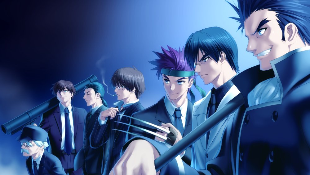 6+boys black_hair black_necktie black_shirt black_suit blue_background blush cigarette commentary_request dress_shirt esaka_shugen fighting_stance forked_eyebrows from_side frown glasses grey_hair grin hair_between_eyes holding holding_weapon lips looking_ahead monocle multiple_boys necktie nose_blush old old_man profile rewrite serious shirt short_hair simple_background smile smoke smoking spiked_hair straight_hair suit upper_body v-shaped_eyebrows weapon white_shirt white_suit zen_(kamuro)