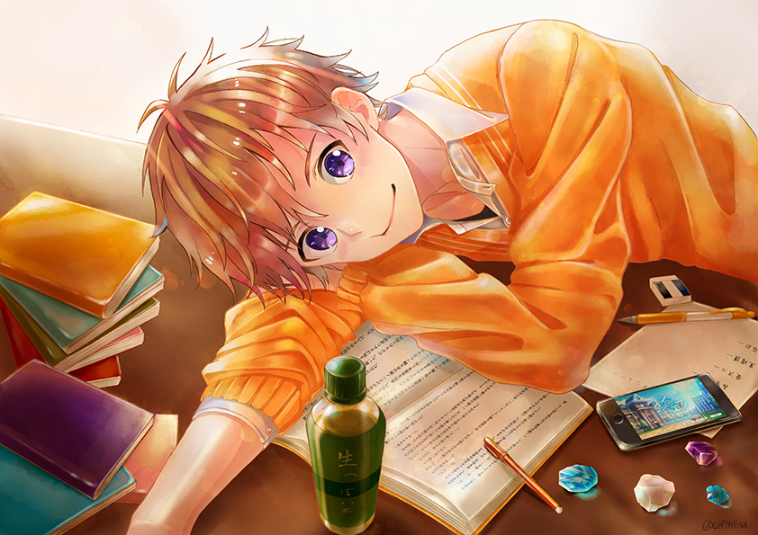 1boy artist_name book book_stack bottle cellphone eraser gem green_tea looking_at_viewer on_air! open_book orange_hair orange_shirt pencil phone purple_eyes shirt short_hair smartphone solo table tea urinenn