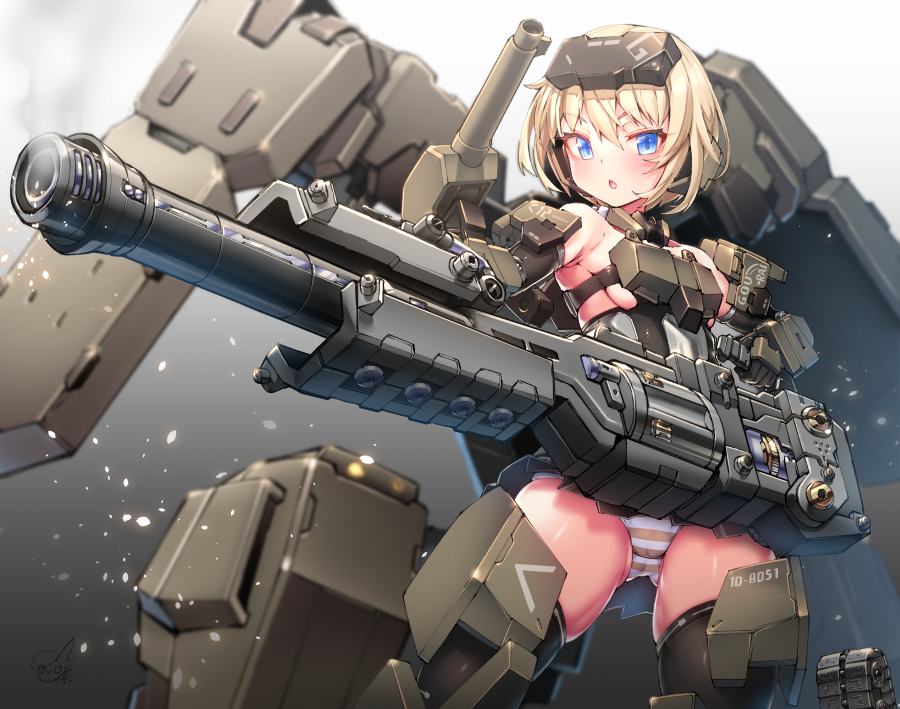 1girl armor bare_shoulders black_gloves black_thighhighs blonde_hair blue_eyes blush breasts cannon caterpillar_tracks doyouwantto elbow_gloves frame_arms_girl gloves gourai headgear mecha_musume open_mouth panties short_hair shoulder_cannon skindentation skirt solo striped striped_panties thick_thighs thighhighs thighs underboob underwear