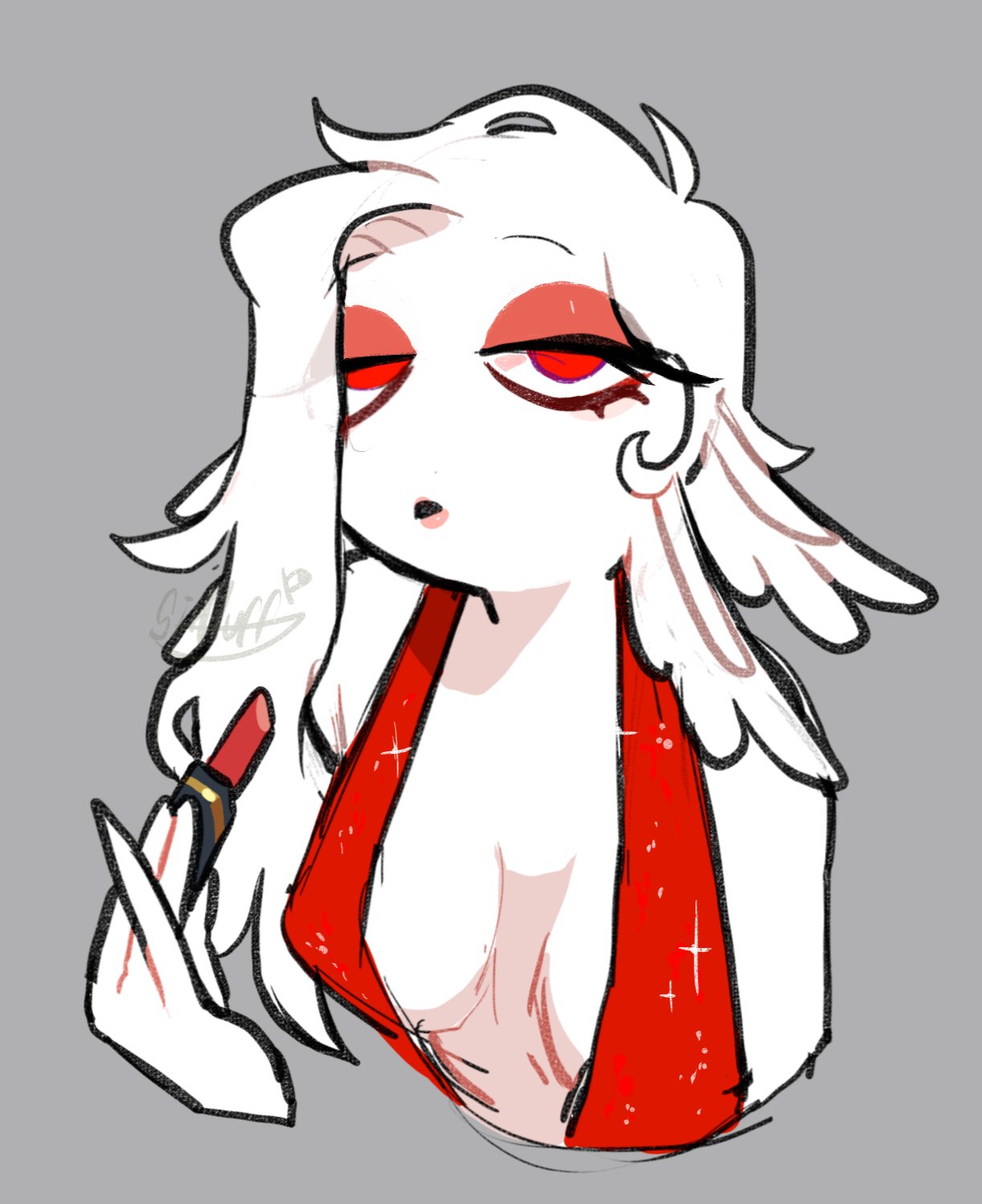 4_fingers amphibian axolotl axolotl_humanoid clothing dress female fingers grey_background hair hi_res humanoid lipstick makeup marine mole_salamander red_clothing red_dress red_eyeliner red_eyes red_lipstick salamander simple_background sir_fluff solo white_body white_hair