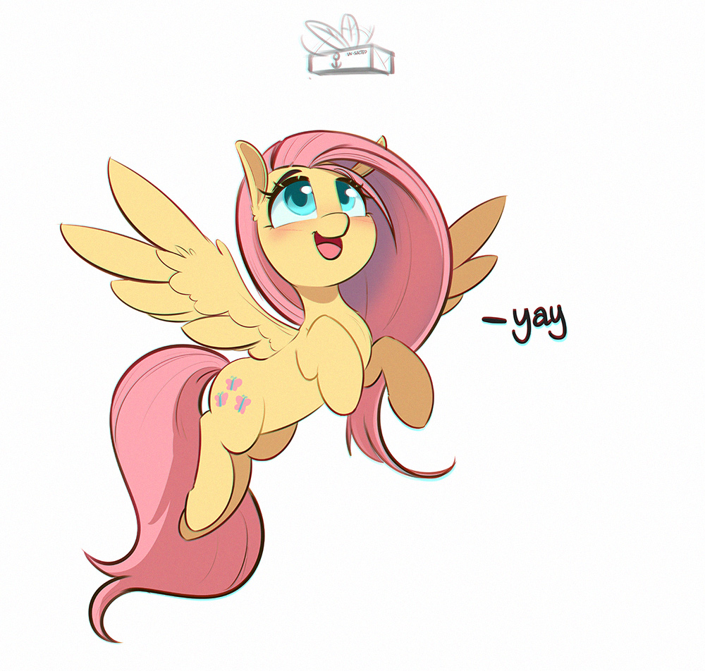 2023 blue_eyes blush cutie_mark dialogue digital_media_(artwork) equid equine feathers female feral fluttershy_(mlp) flying friendship_is_magic fur gift hair hasbro inkypuso mammal my_little_pony pegasus pink_hair pink_tail simple_background solo spread_wings tail white_background wings yellow_body yellow_feathers yellow_fur