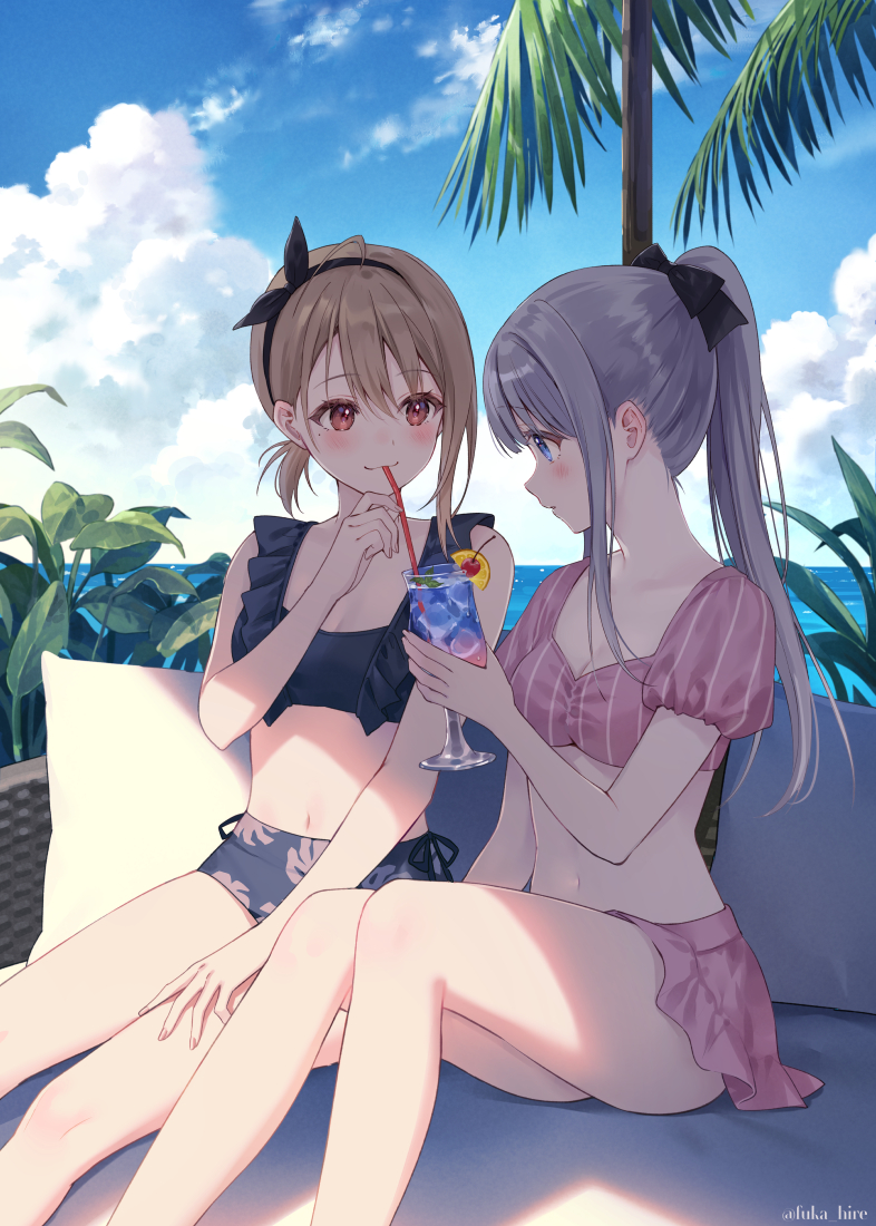 2girls bikini black_hairband blue_eyes blue_sky blush bow breasts brown_hair cleavage cloud collarbone cup day drinking_glass drinking_straw early_blooming_black_lily fukahire_(ruinon) grey_hair hair_bow hairband holding long_hair looking_at_another multiple_girls navel oomiya_ltuki outdoors palm_tree pink_bikini ponytail puffy_sleeves red_eyes sasamori_hana short_sleeves sitting skirt sky smile swimsuit tree yuri